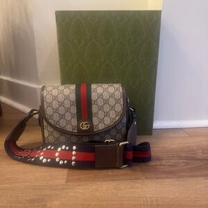 GUCCI  GG Supreme Monogram Textured Dollar Calfskin Web Studded Mini Ophidia Fl